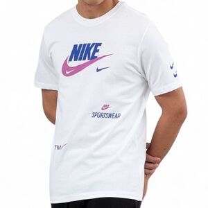 NIKE Sportswear White Tee Pink Purple Swoosh Logo Shirt CU0078-100 | Men’s Large
